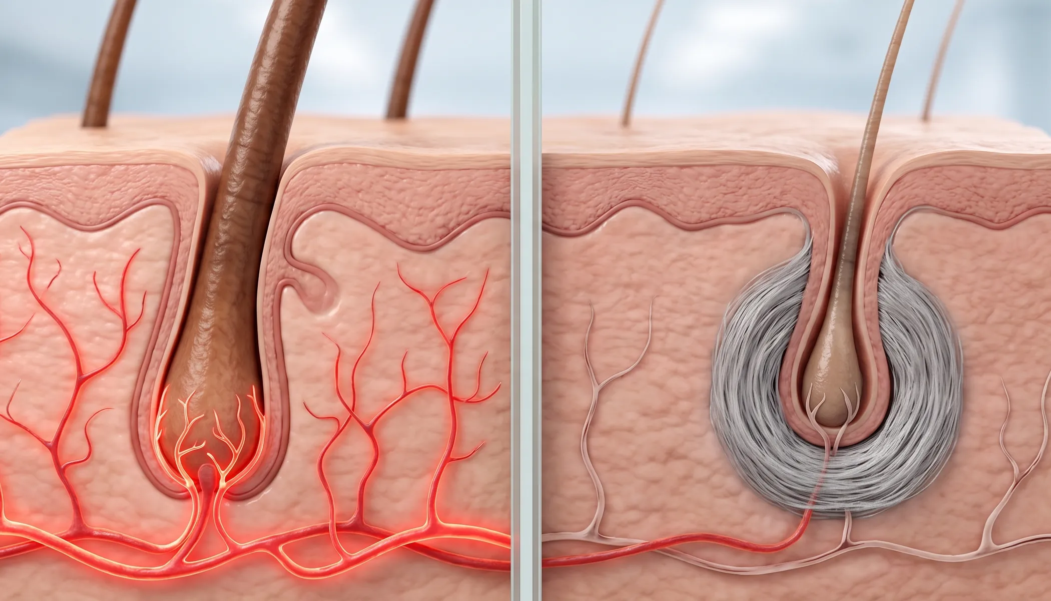 Two hair follicles side by side. Left: a thick hair whose root is fed by many red blood vessels. Right: a thin hair whose root is squeezed by a grey ring of tissue, with its blood supply pinched.